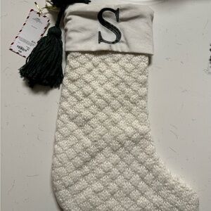 White Knit Christmas Stocking with Green Tassel/Pom